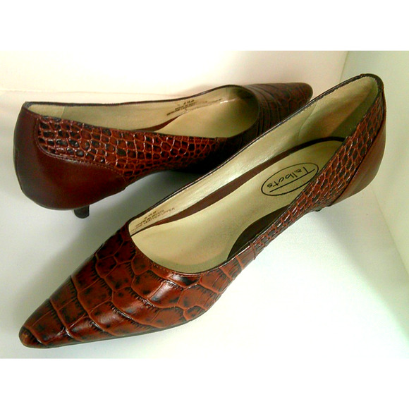 Talbots Women's Kitten Heel Reptile Brown Leather Pumps Pointed Toe 5 1/2 - Picture 2 of 7